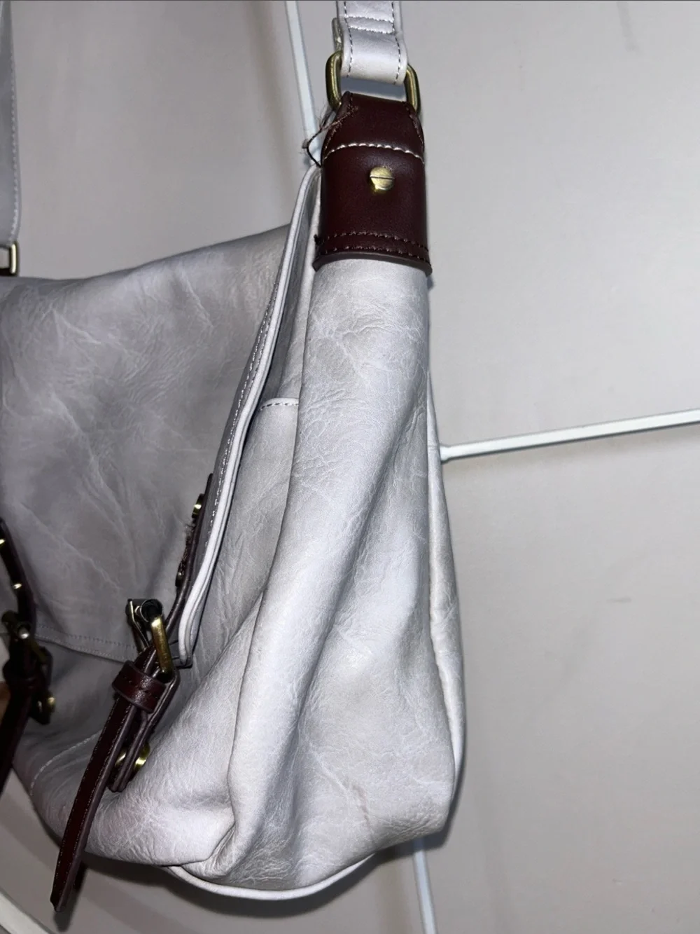 Gray Vegan Leather Crossbody Messenger Bag with Dark Brown Straps